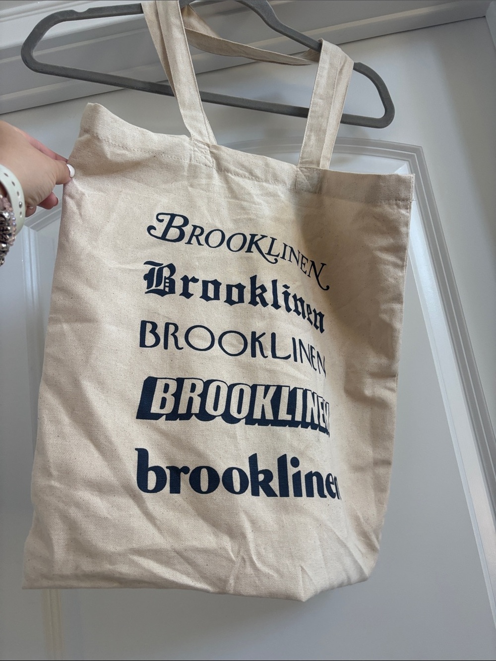 Brooklinen Cream Canvas Tote with Navy Logo Prints